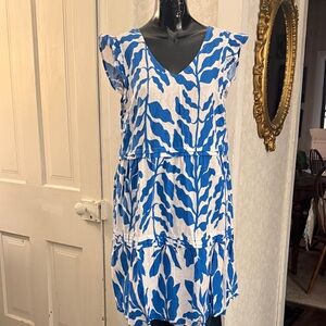 Rachel Zoe Linen Blend V-Neck Flutter Sleeve Blue White Tiered Midi Dress Large